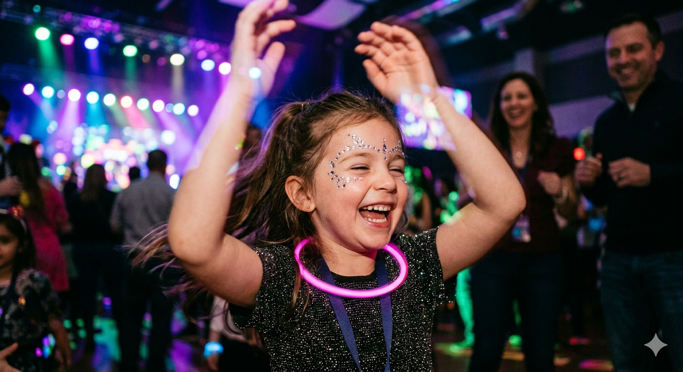 Families dancing at a Dance Mode event